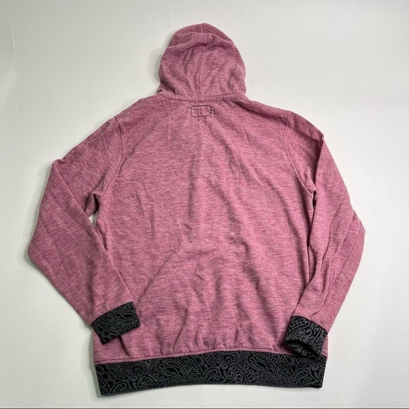 𝅺BOHO Artsy Heathered Pink Grey Paisley Trim Kangaroo Pouch Cozy Hoodie Sweater - Picture 4 of 5